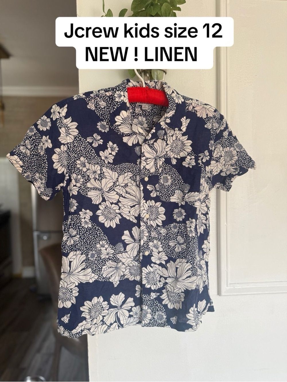 J. Crew Navy and White Floral Linen Button-Down Shirt